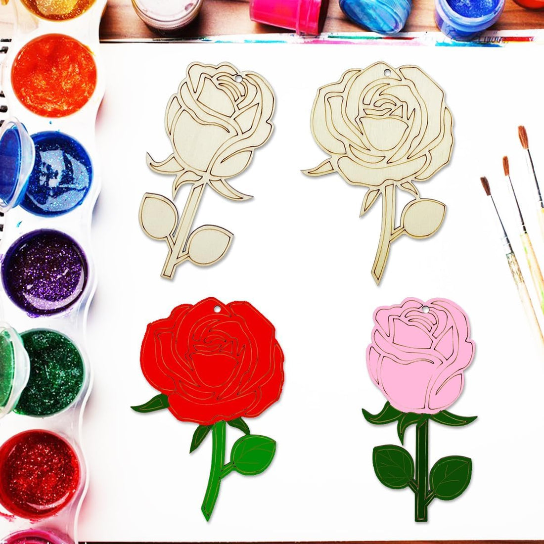 20 Pack Wooden Rose Cutouts for DIY Craft | 4 Inch Flower Shapes (2 Styles) | Unfinished Wood Rose Hanging