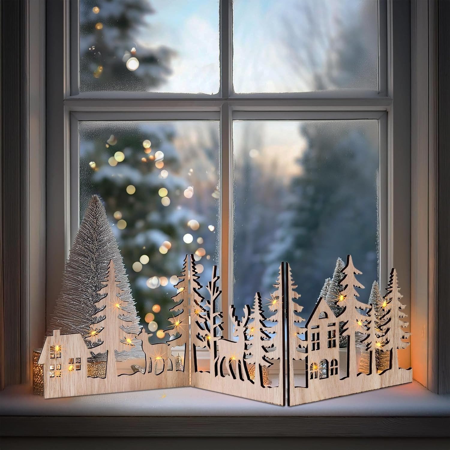 3 Pcs Wooden Christmas Village Set Decoration | Christmas Table Decor | Wooden Village House for Decoration