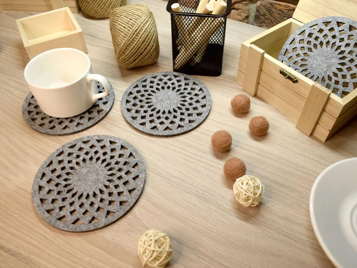 Felt Coasters Set of 4 | 4.7 Inch Round Geometric Felt Coasters | Table Drink Coasters for Bar, Coffee Mugs, Cups & Furniture Surface Protection