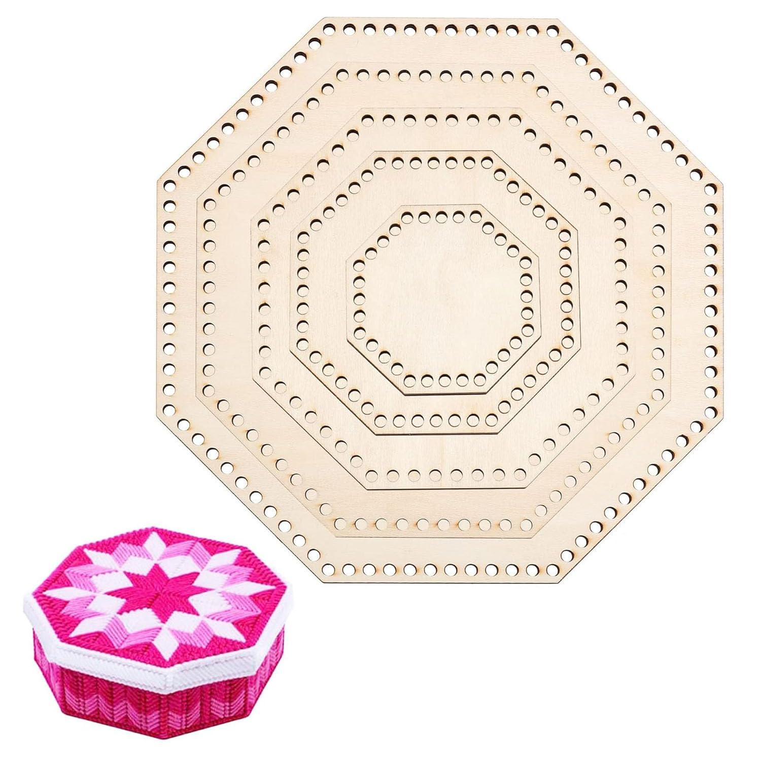 Haoser Hexagonal Wooden Basket Bottom Wooden Base Shape Blank Crochet Base for DIY Basket Craft Weaving Making Supplies, Unfinished Wooden Base Laser Cut with Hole (5 Pieces, 5 Sizes) - Haoser