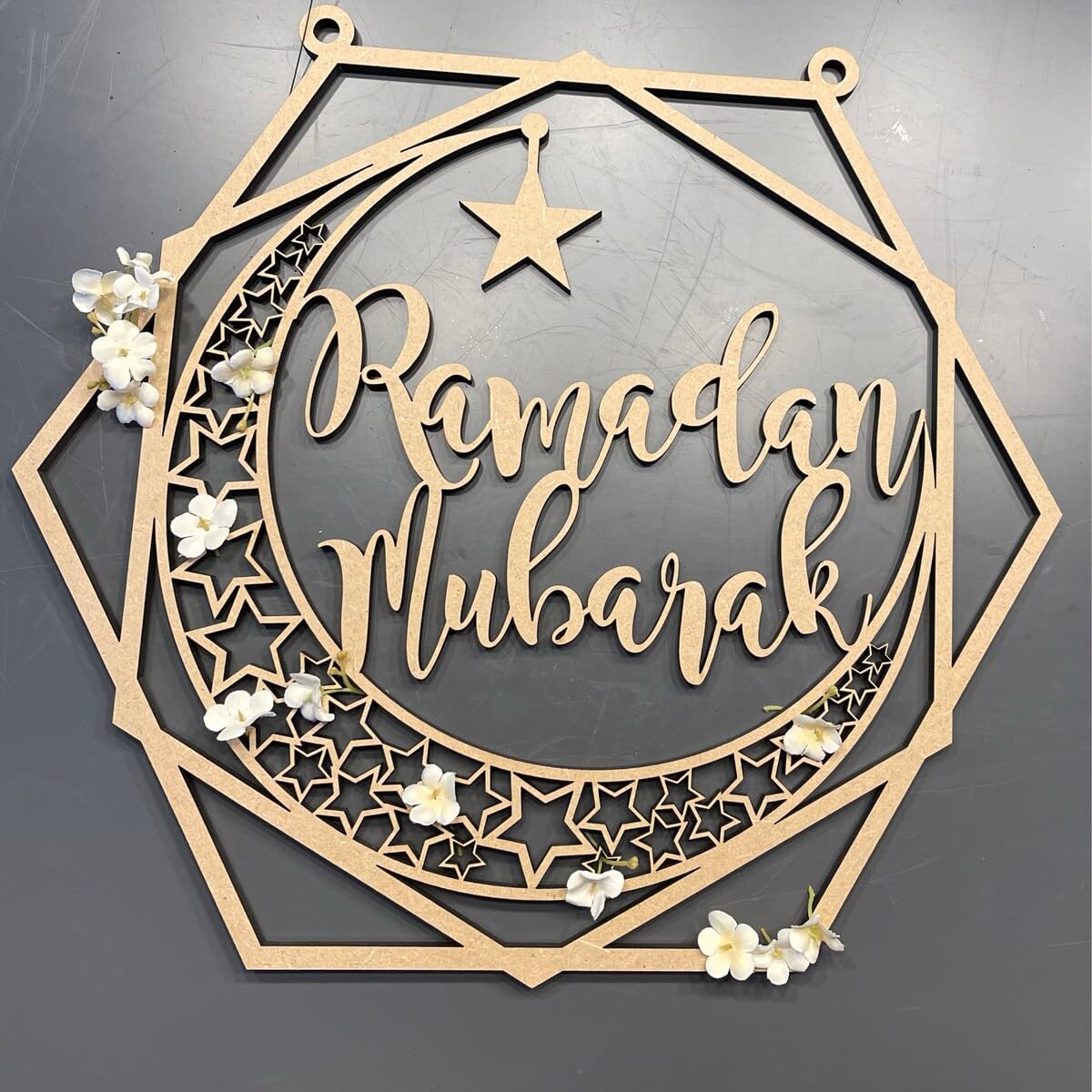 Ramadan Mubarak Wooden Wall Sign – Hexagon Hoop Islamic MDF Wall Decor