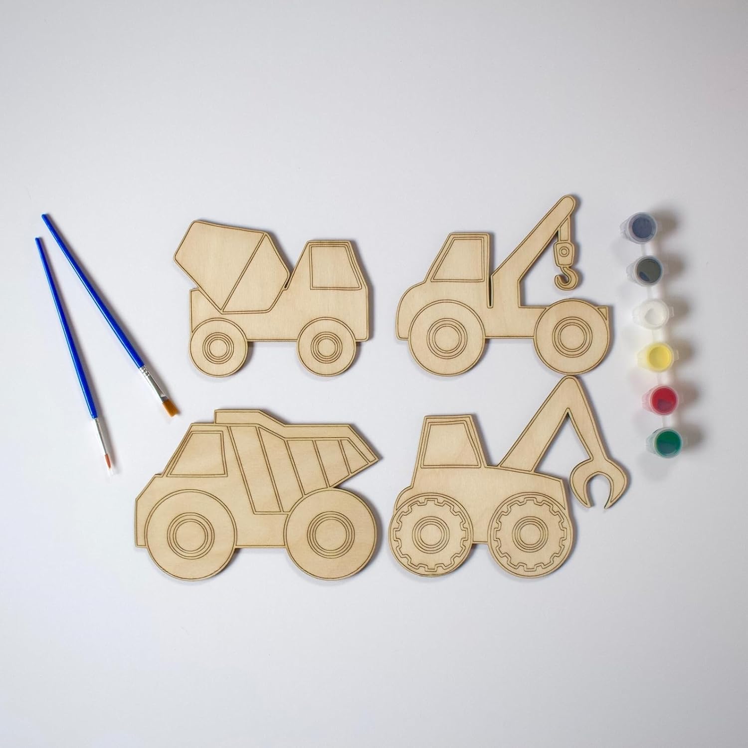4 Pcs DIY Wooden Painting Kit for Kids | Construction Vehicle Set – Truck, Crane, Dumper & Excavator
