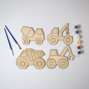 4 Pcs DIY Wooden Painting Kit for Kids | Construction Vehicle Set – Truck, Crane, Dumper & Excavator
