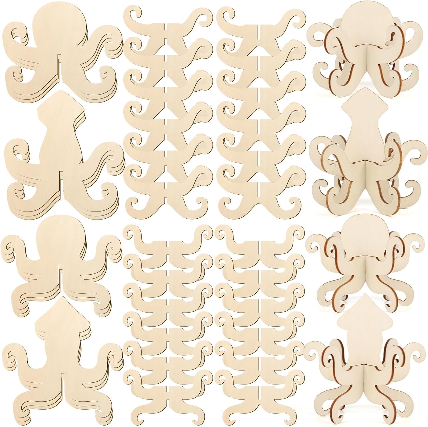 12 PCS DIY 3D Ocean Theme MDF Wooden Cutouts for Painting | Octopus Squid Craft Shapes