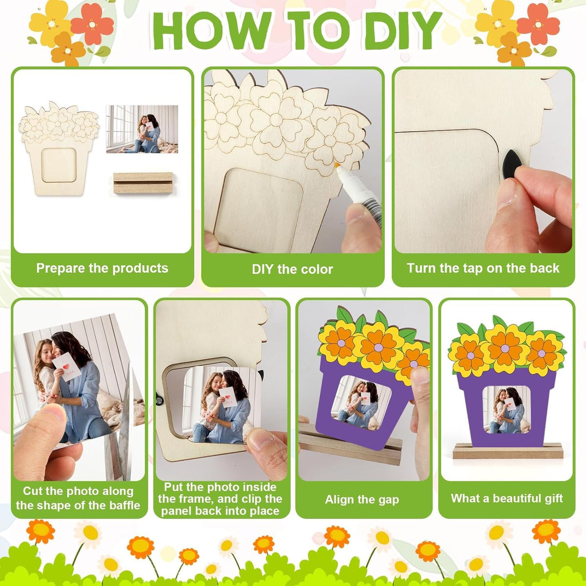 8 Pcs Flower Spring Wood Crafts to Paint, Wooden Flowers Picture Frame for Craft, Unfinished Spring Picture Frame Craft