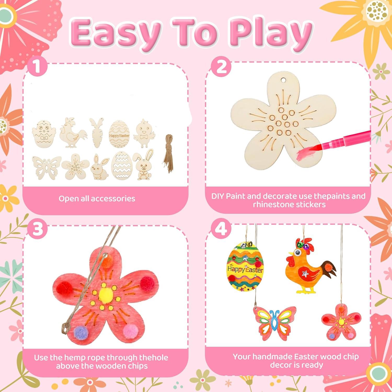 10 PCS Easter Crafts for Kids – Wooden Bunny Cutouts Painting Kit (3.1 x 2.3 inch) | DIY Easter Bunny Art & Craft Set