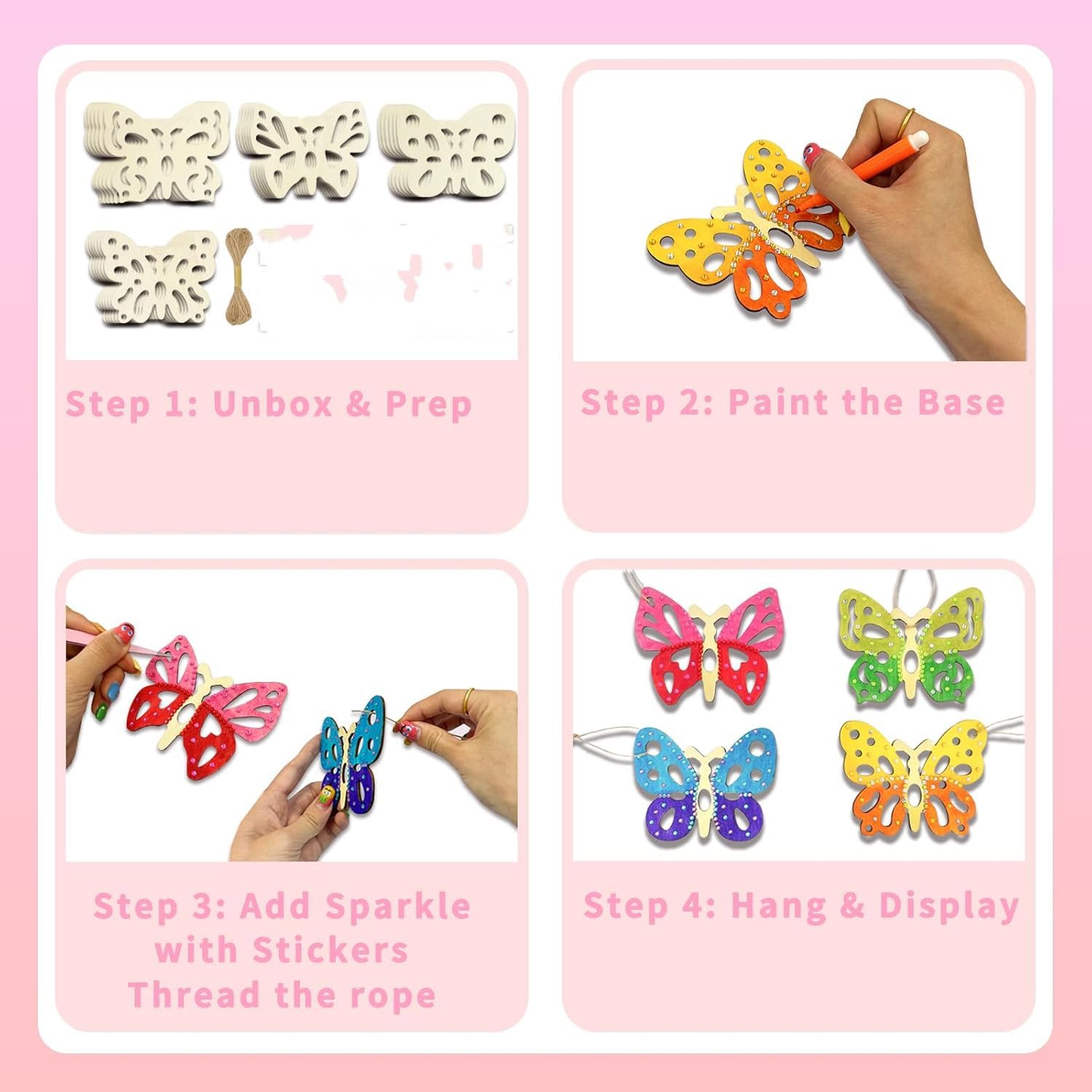 12 Pcs Wooden Butterfly Craft Kit | DIY Butterfly Wooden Cutouts with Hanging Rope | Kids Craft Kit for Painting
