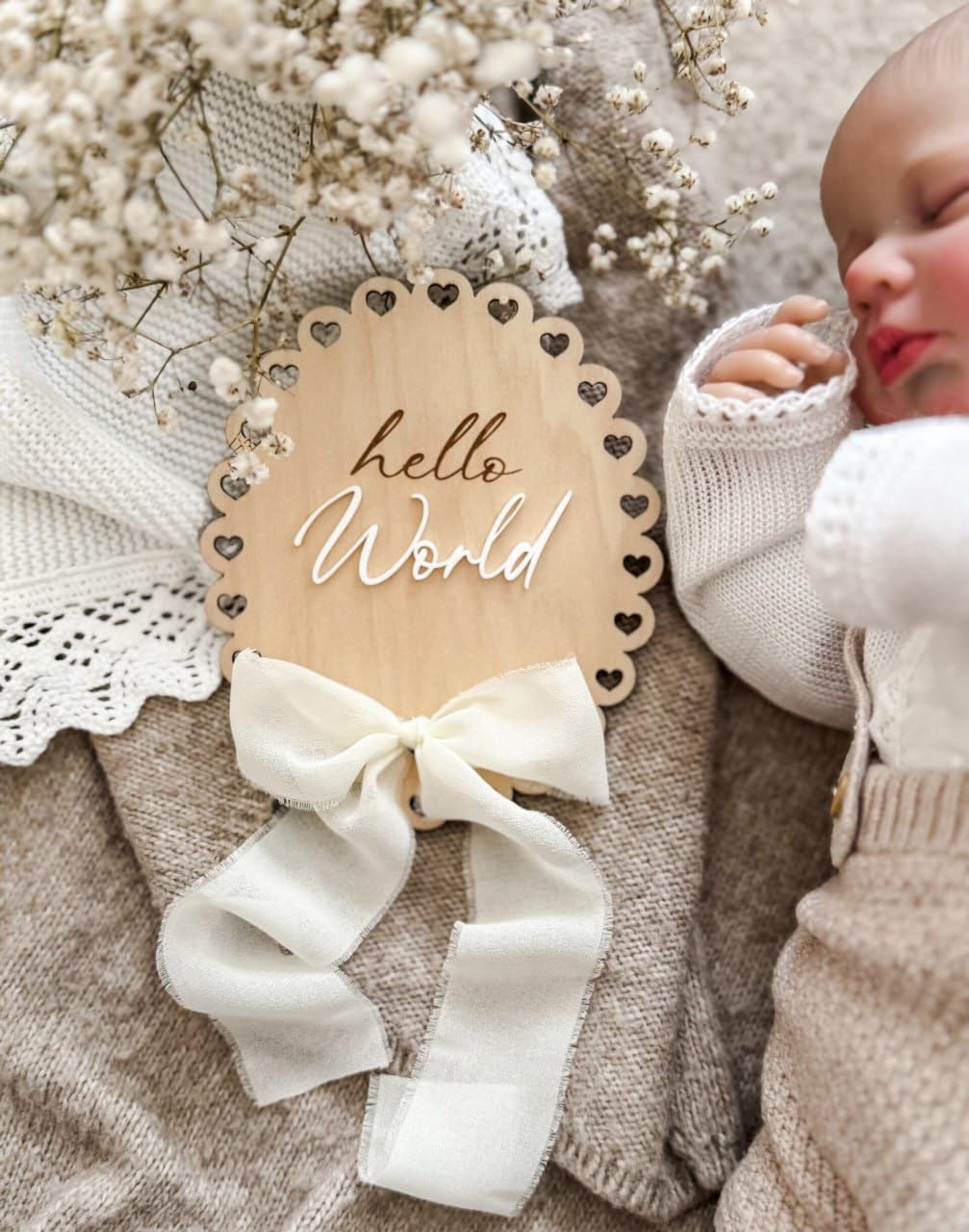 Wooden Hello World Baby Announcement Plaque 6 Inch | Nursery Photo Prop