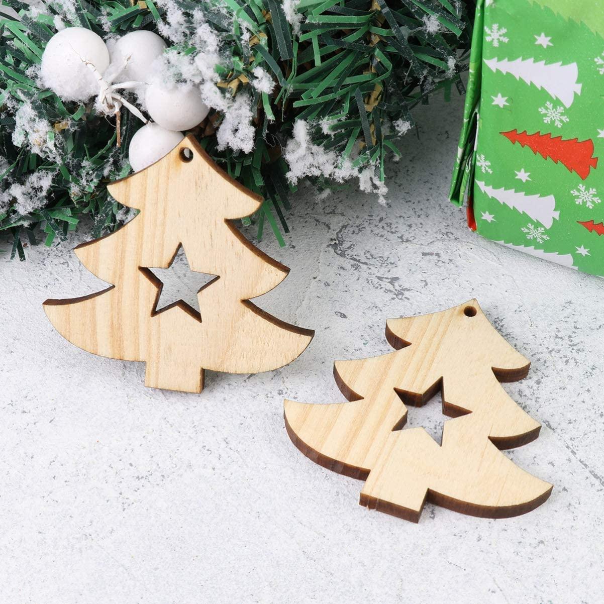 Haoser 10pcs Hanging Wooden Christmas Tree Decor Ornaments Christmas Wood Tags Unfinished Wood Tree and Star Cutouts Shapes Wooden Slices for DIY Craft Painting - Haoser