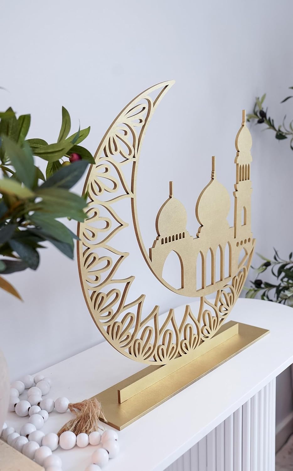 Ramadan Mubarak Wooden Crescent Moon Mosque Decor | Freestanding Islamic Home Decoration