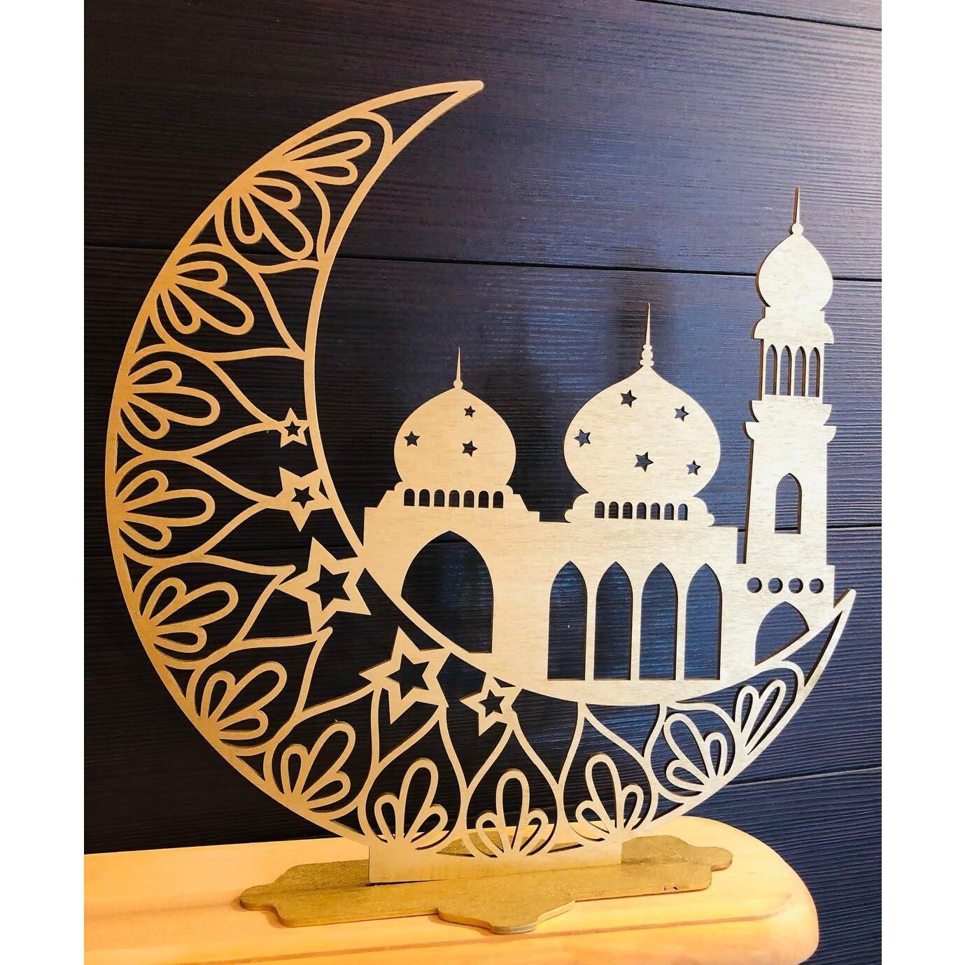 Haoser Freestanding mosque decor moon decoration sign Ramadan Kareem Sign Blessed Ramadan sign Eid Mubarak Islamic gifts Islamic wooden signs,ramzan decoration items - Haoser
