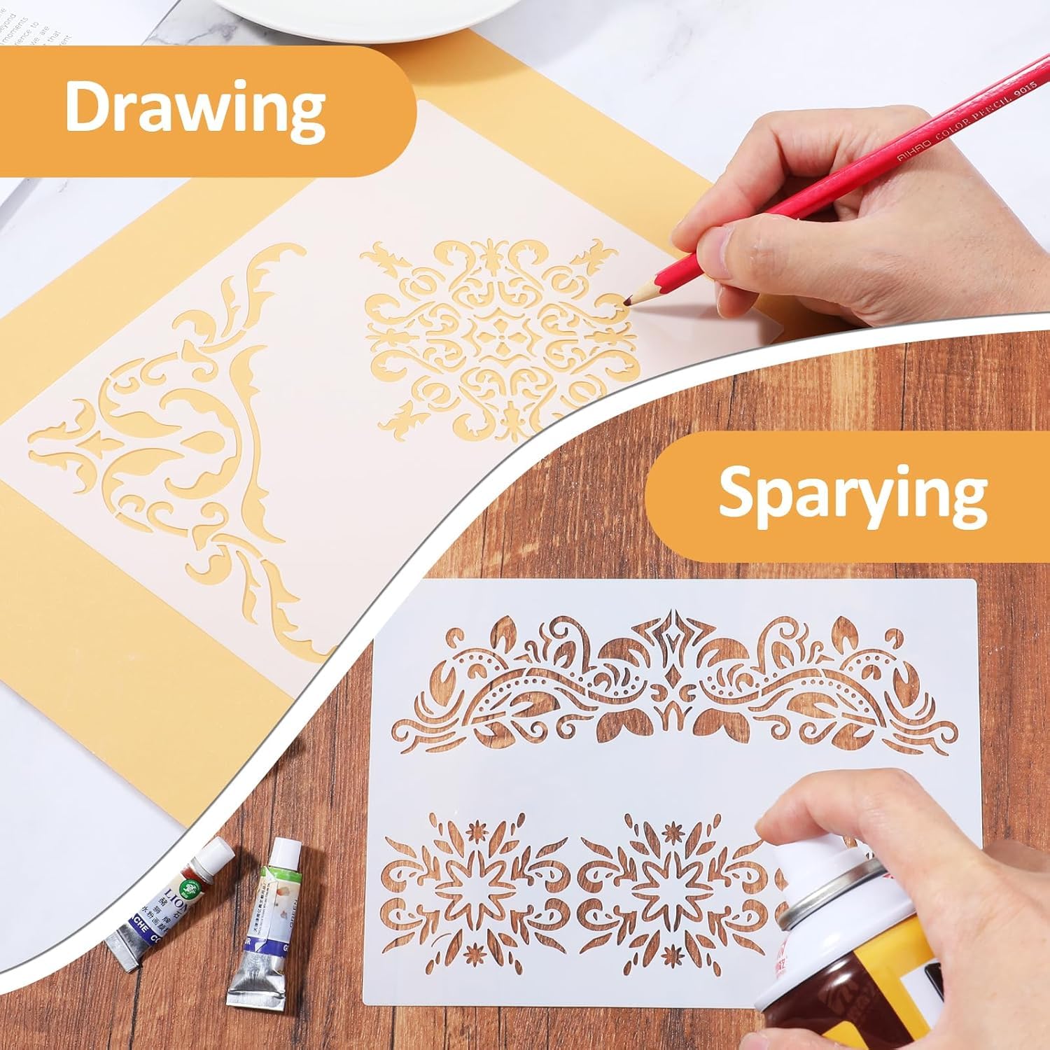 6 Pcs Stencils for Painting – Vintage Floral Border & Corner Reusable Damask Stencils for Painting