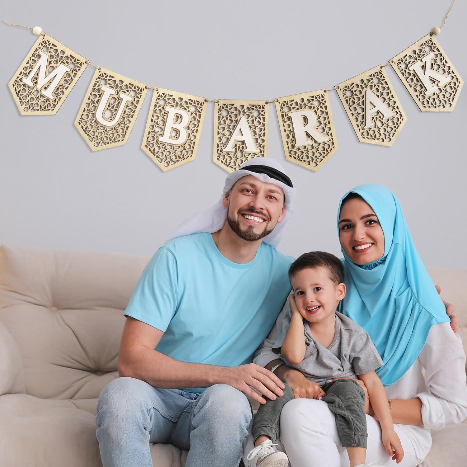 Haoser Ramadan Banner Decorations for Home 2024 Eid Mubarak Wooden Sign Ramadan/Eid Banner, Islamic Decor, Eid Mubark Decorations for Home,Islamic Muslim Mosque Door Fireplace Decor Ramadan Gifts - Haoser