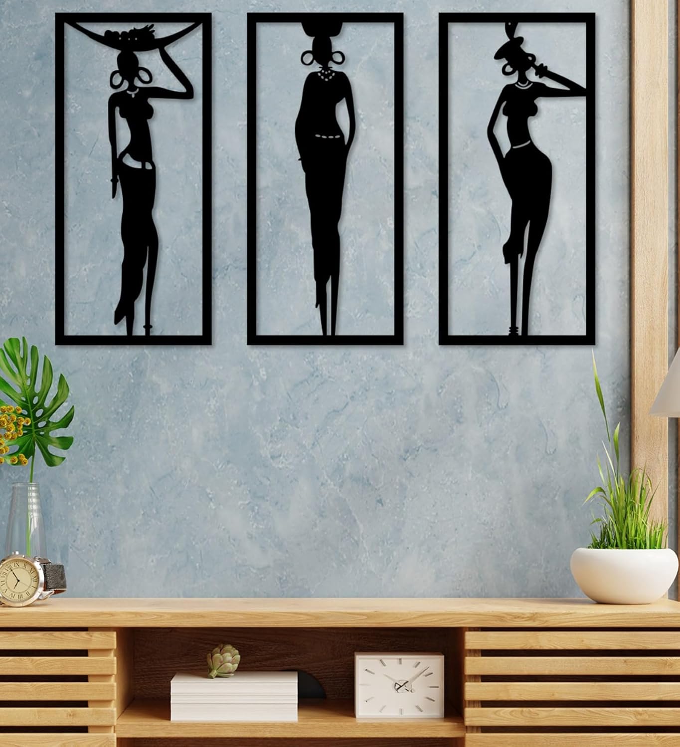 3 Pcs Black Modern Lady Wooden Wall Decor Panels | Abstract Female Line Art Wall Art for Living Room