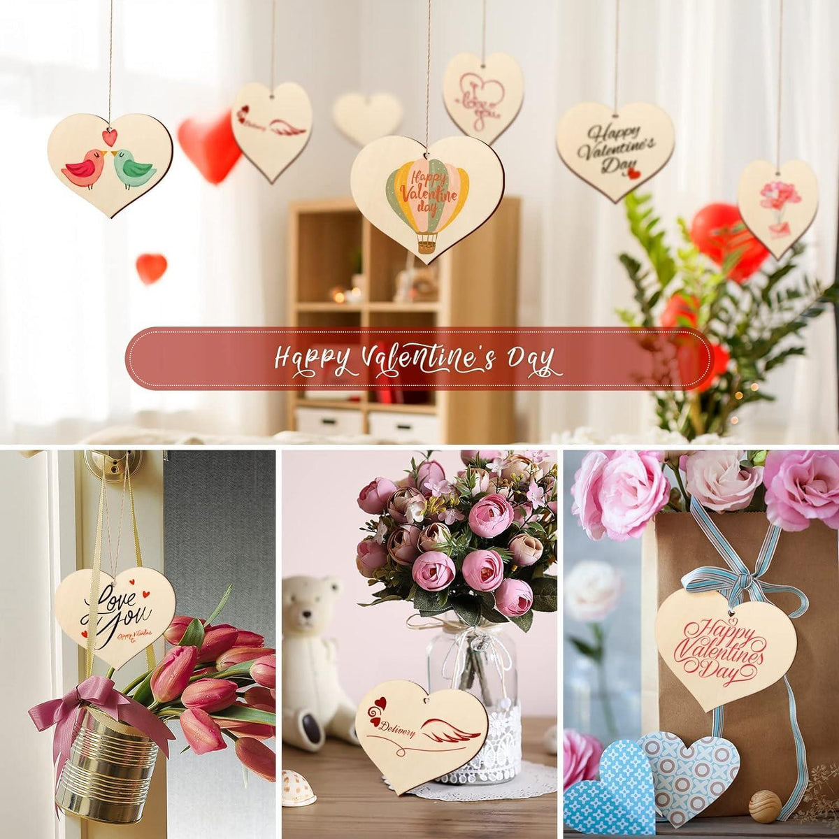Curious Button 5 Pieces Unfinished Wooden Heart Style Hanging Ornament for DIY Home Decoration, MDF Cutouts, Perfect Wooden Cutouts for Home Decor, Charming Wooden Hanging Ornaments (6x7.1IN) - Haoser