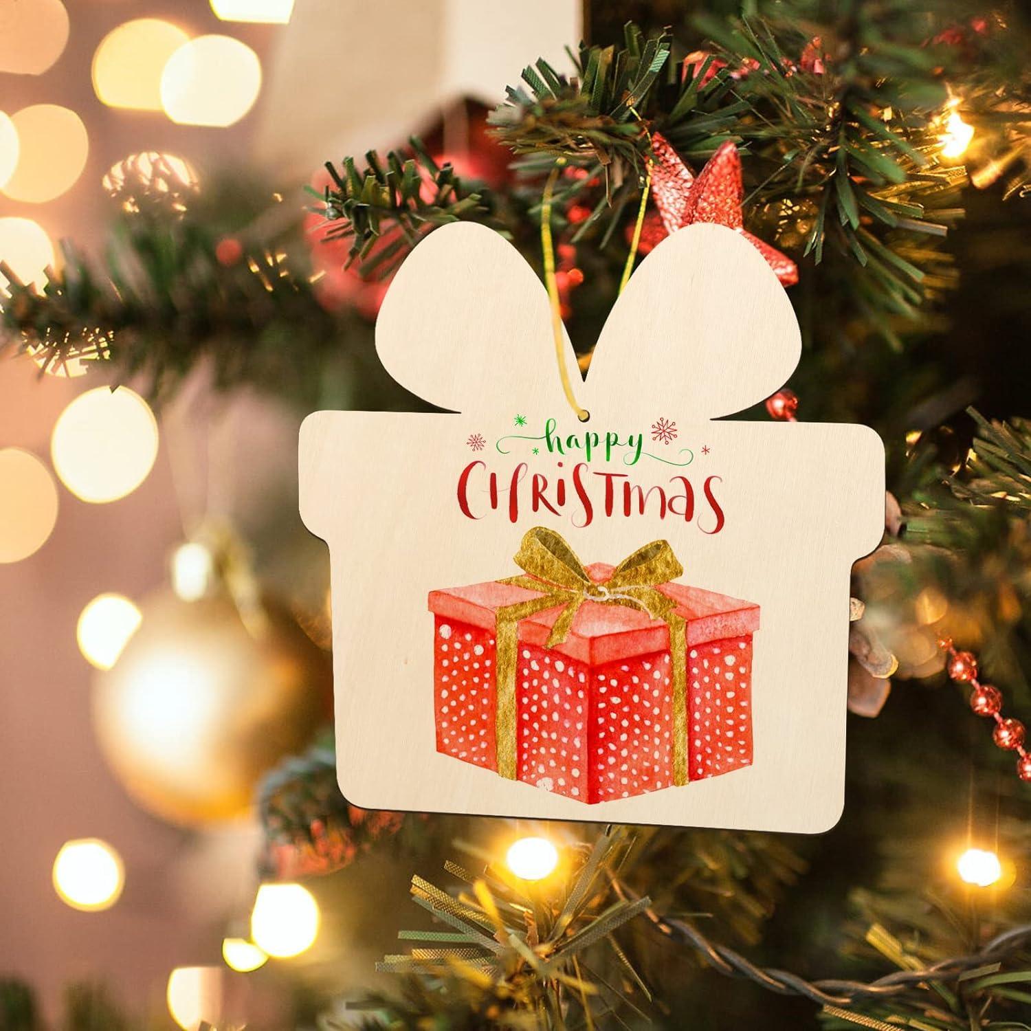 Curious Button 5 Pieces Unfinished Wooden Gift Style Hanging Ornament for DIY Home Decoration, MDF Cutouts, Perfect Wooden Cutouts for Home Decor, Charming Wooden Hanging Ornaments (7x7IN) - Haoser