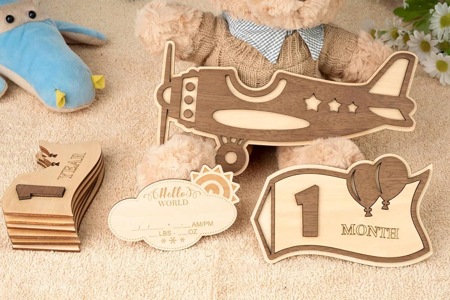 Baby Monthly Milestone Airplane Set – Wooden Milestone Cards