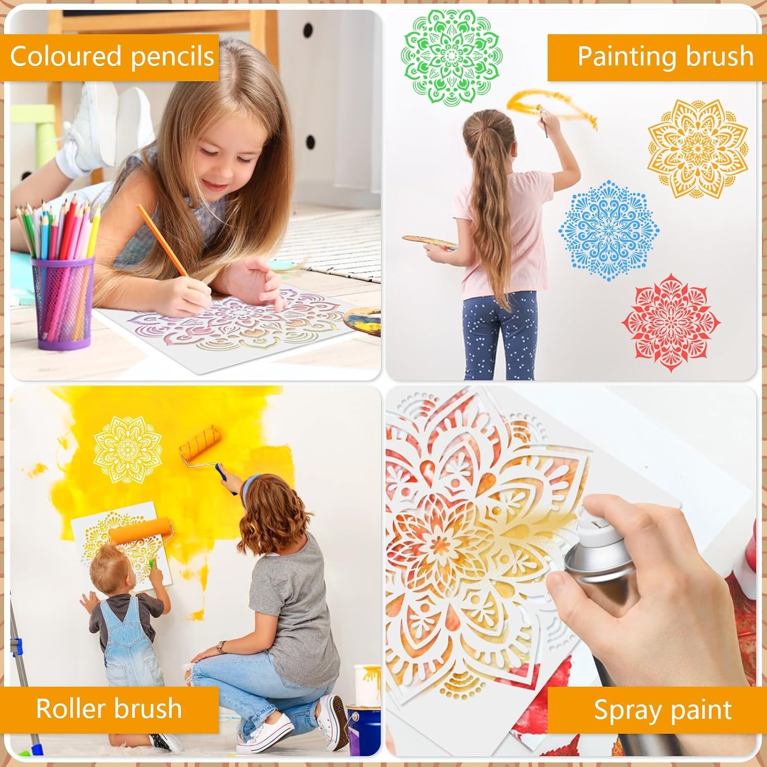 4 Pcs Large Mandala Stencils for Painting – Reusable Flower Art Templates for Spray Paint, Graffiti