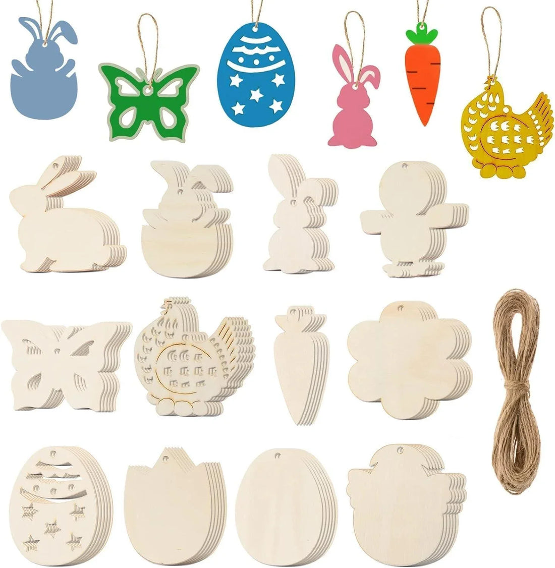 Haoser 24 Pcs Easter Wood Cutouts for Crafts Unfinished Wooden Cutouts with Holes Blank Wood Bunny Carrot Egg Chick Flower Shape Slices Ornaments Craft Tags with Twines for Kids DIY Easter - Haoser