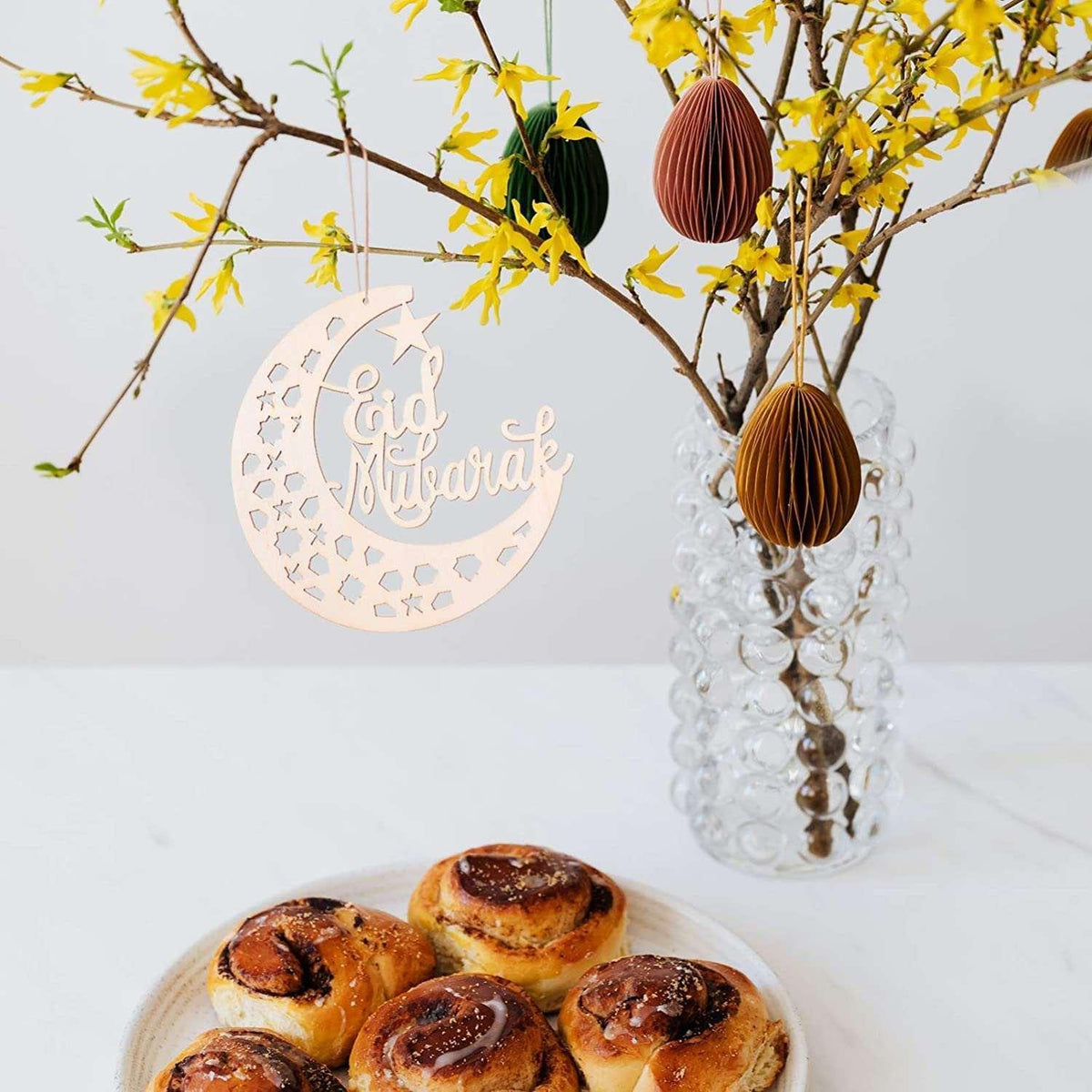 Haoser 4 Pack Ramadan Decorations for Home -Eid Mubarak Hanging Ornaments, Eid Mubarak Ornaments Slices Crescent Moon Shape Pendant for Ramadan Festival DIY Craft Home Decoration - Haoser