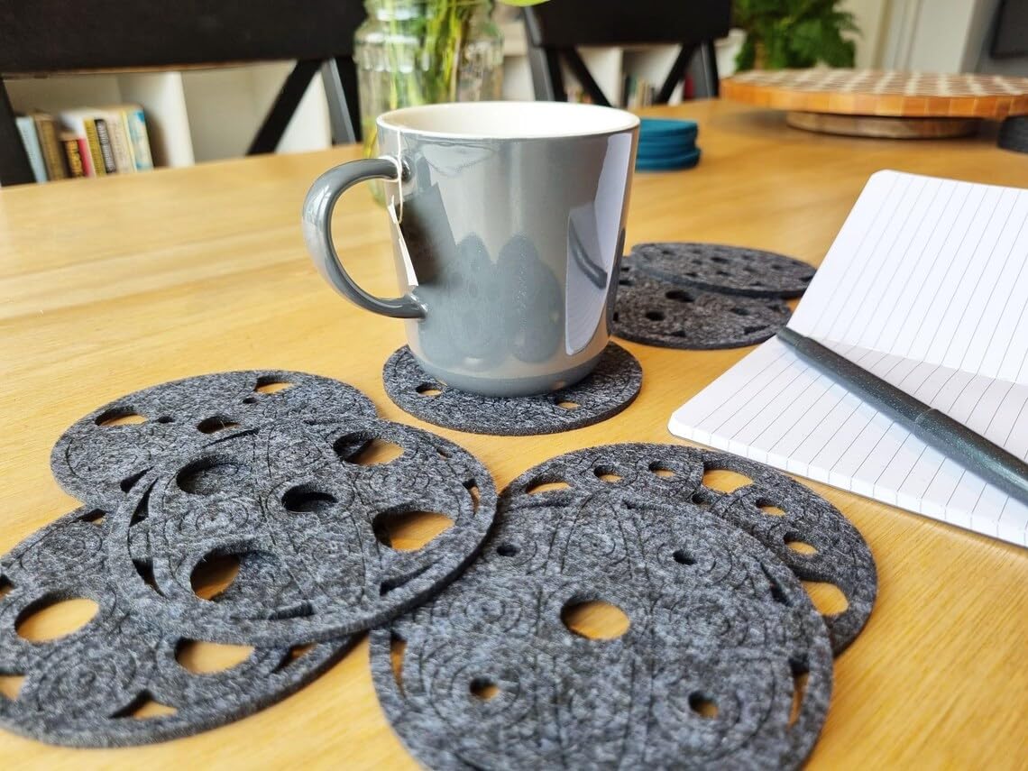 Set of 9 Geometric Felt Coasters – Gray | 4 Inch Round Laser-Cut Drink Coasters | Modern Table Decor & Surface Protection | Washable Felt Coaster Set