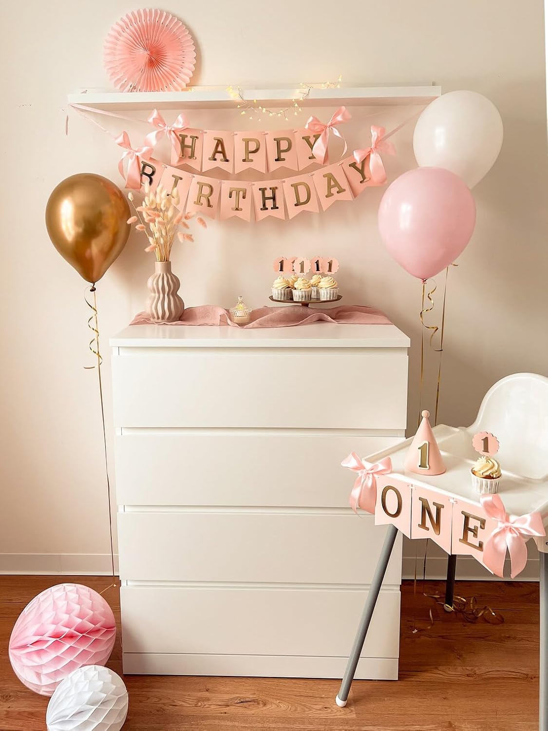 Chair Banner for Girl 1st Birthday – Blush Pink & Gold "ONE" Banner for Baby Girl First Birthday Decorations