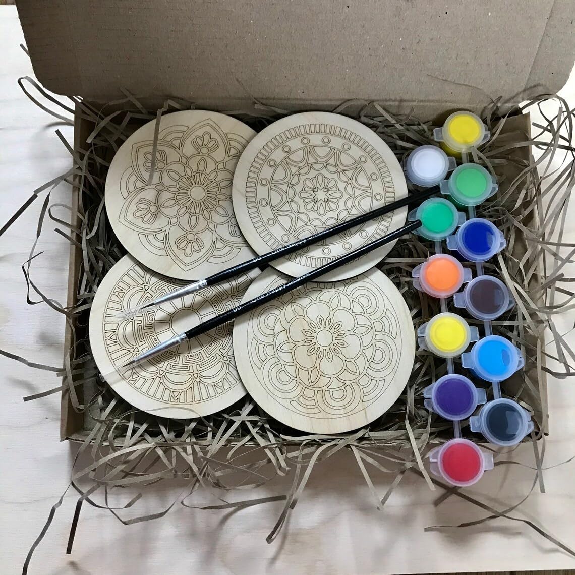 Pack of 4 DIY Mandala Coaster Painting Kit | Wooden MDF Coaster Paint Set with Brushes & Colors | Arts & Crafts DIY Gift (4x4 Inch)
