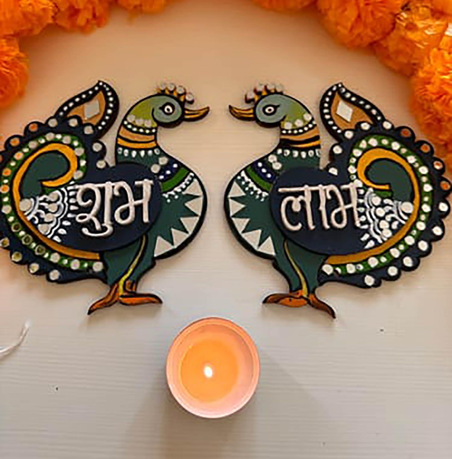 Haoser Peacock 3Style Shubh Labh for Home Decoration, Unfinished Wooden Shub Labh Cutouts for Diwali, Wedding, Parties, and Special Occasions, Wooden Shub Labh for Painting DIY Crafts - Haoser