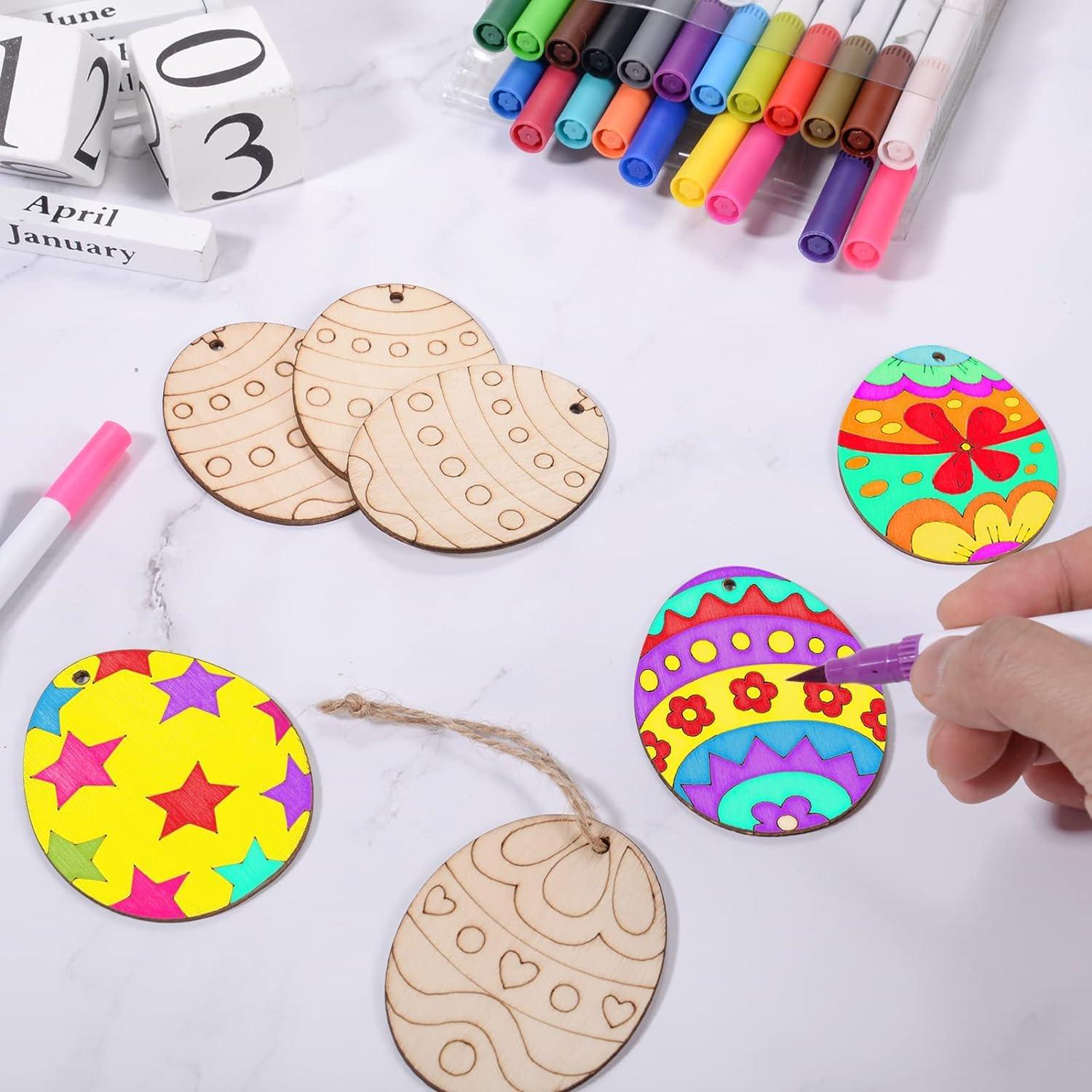 Haoser 16 PCS Easter Wooden Hanging Ornaments Unfinished Wood Slices Eggs Easter Crafts for Kids DIY Easter Decorations Party Supplies Decor - Haoser