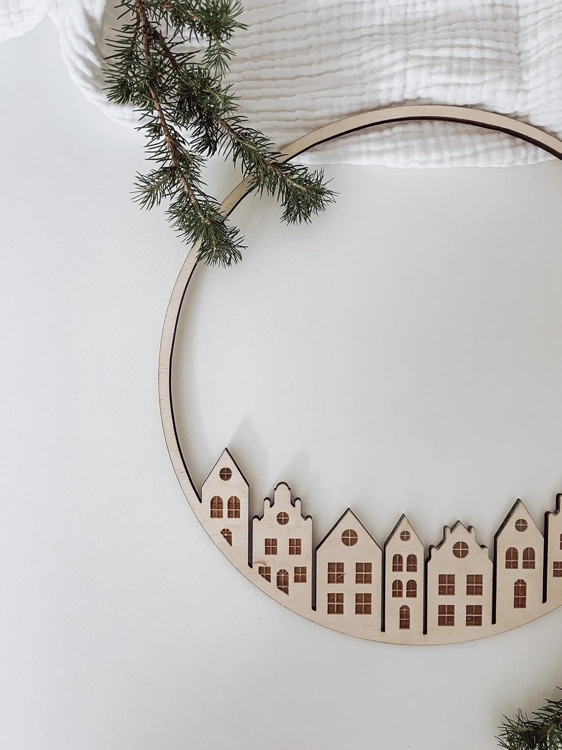 Christmas Wooden Wreath | Canal Houses Wall Hanging Decor | Pine MDF Decoration Ring