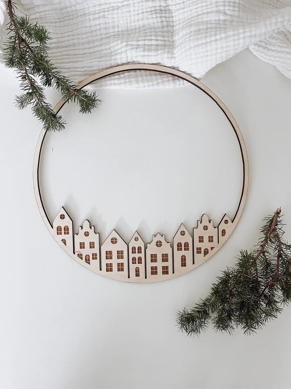 Christmas Wooden Wreath | Canal Houses Wall Hanging Decor | Pine MDF Decoration Ring