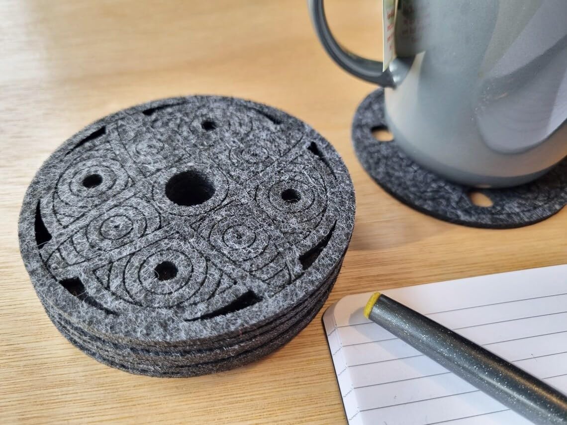 Set of 9 Geometric Felt Coasters – Gray | 4 Inch Round Laser-Cut Drink Coasters | Modern Table Decor & Surface Protection | Washable Felt Coaster Set
