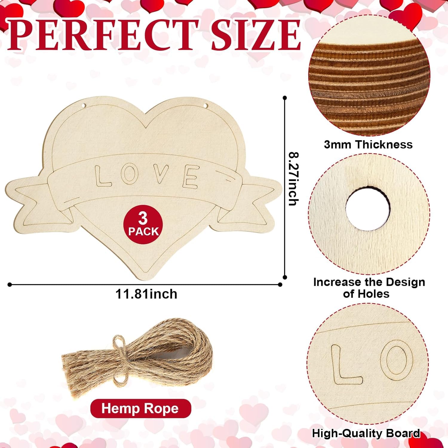 3 PCS Wooden Heart Ornaments to Paint, Valentine's Day Happy Mothers Day DIY Blank Unfinished Wreaths