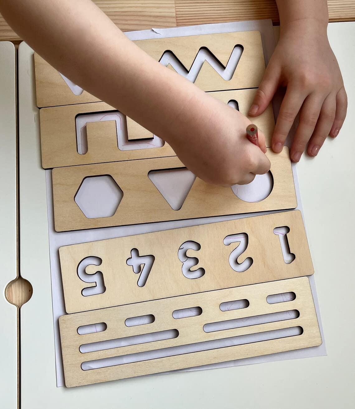 Haoser Educational Wood Handwriting Stencil Set Montessori Stencils Set,Wooden Educational Toys for Kids 3 Years or 2 or 4 Years Old (Size 9X2.5 in Pack of 12)) - Haoser