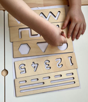Haoser Educational Wood Handwriting Stencil Set Montessori Stencils Set,Wooden Educational Toys for Kids 3 Years or 2 or 4 Years Old (Size 9X2.5 in Pack of 12)) - Haoser