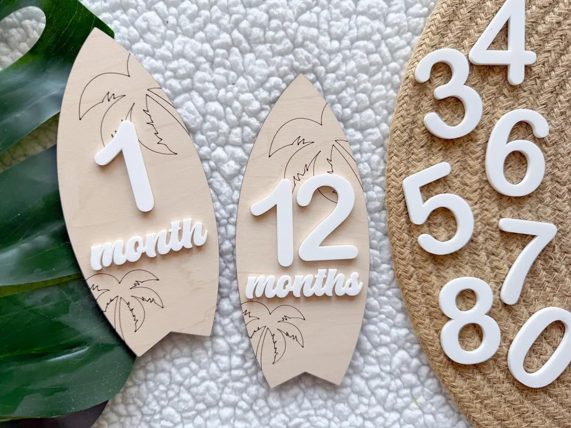 Set 1 Wooden Baby Monthly Surfboard Milestone Markers