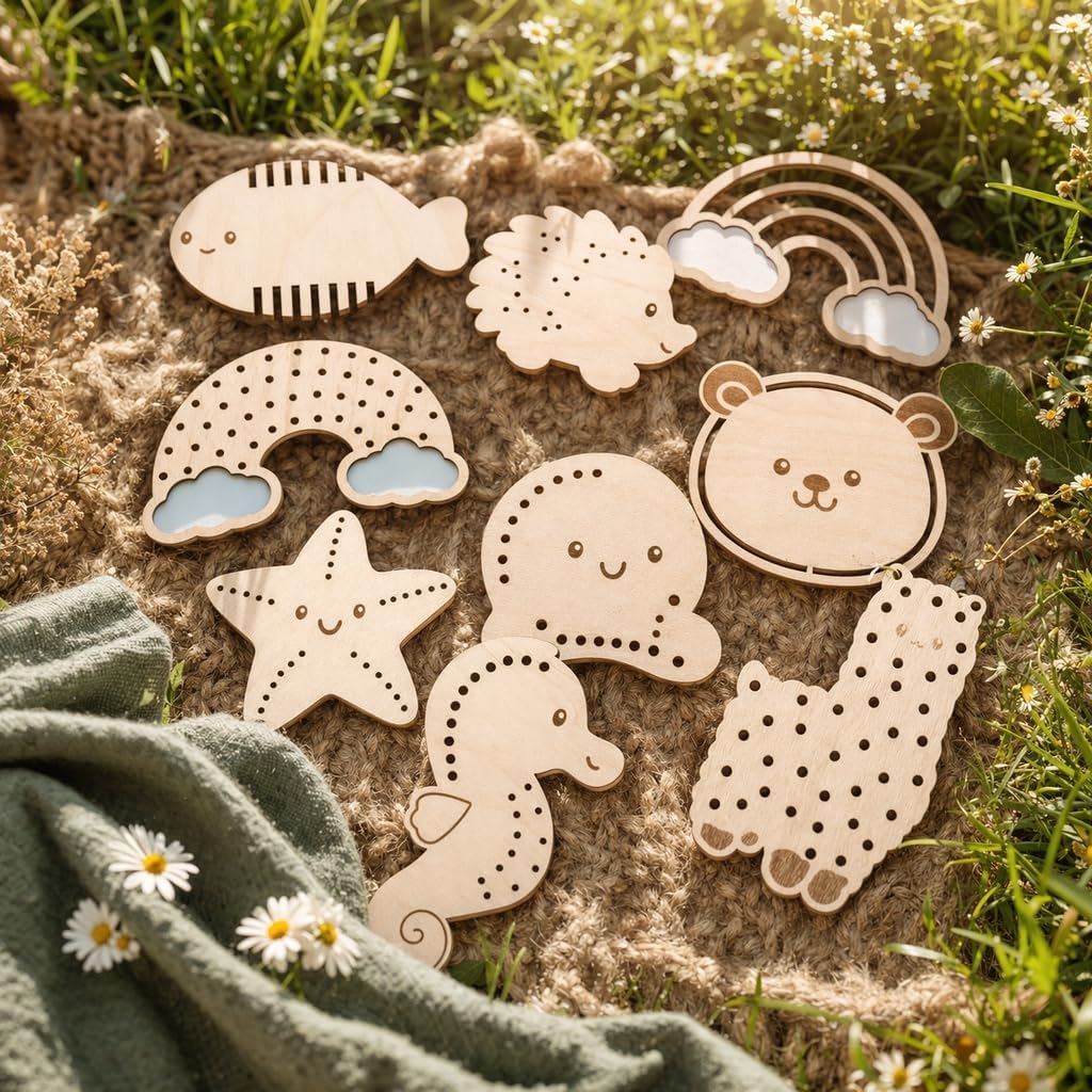 Set of 9 Wooden Lacing Toys for Kids | Animal Stringing Beadsv