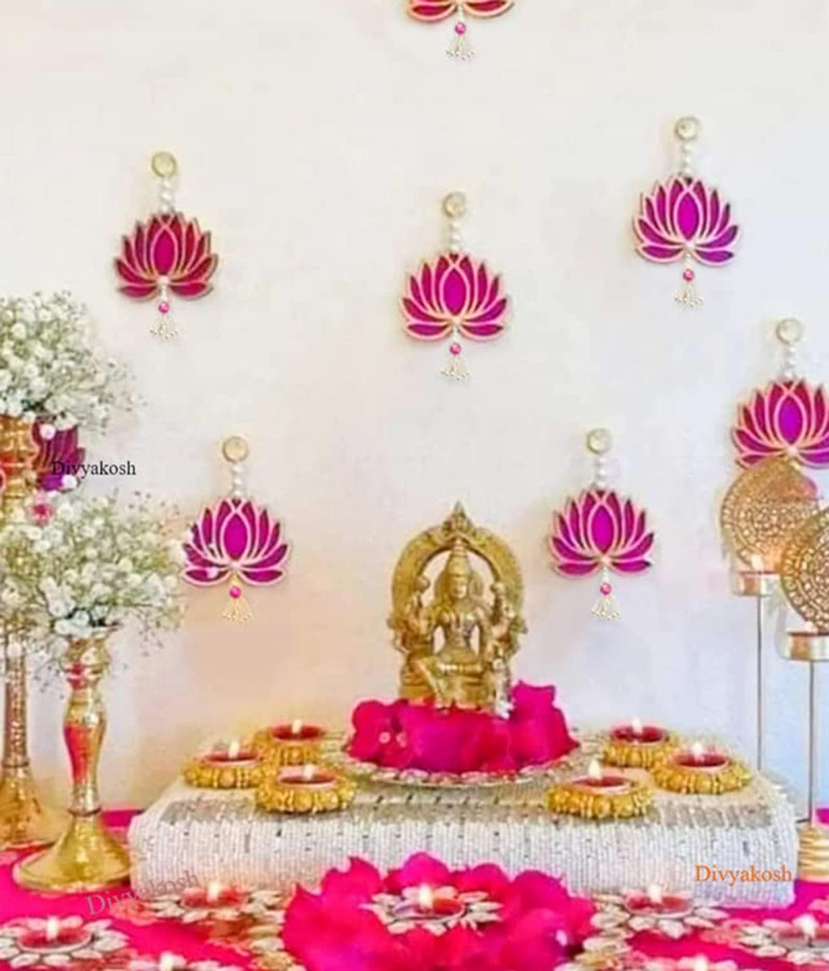 Haoser Pack of 5 Wooden Lotus Cutout for Festivel Decorations | Floor Decoration Reusable Rangoli for Puja Function (Pack of 5 Length: 4 in Width: 3 in) - Haoser