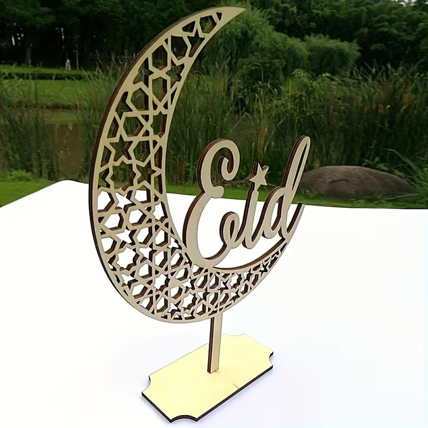 Eid Mubarak Wooden Crescent Moon Table Decor | Islamic Ramadan Eid al-Fitr Centerpiece | Freestanding Arabic Calligraphy Desktop Decoration