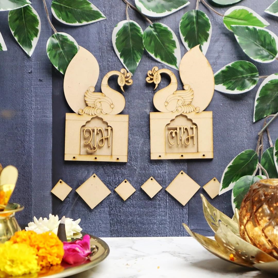 Pair of 6 Wooden Shubh Labh for Diwali Decor – 6 Shubh 6 Labh MDF Cutouts Wall Hanging Pooja Festival Decoration, 4x3.15 Inch