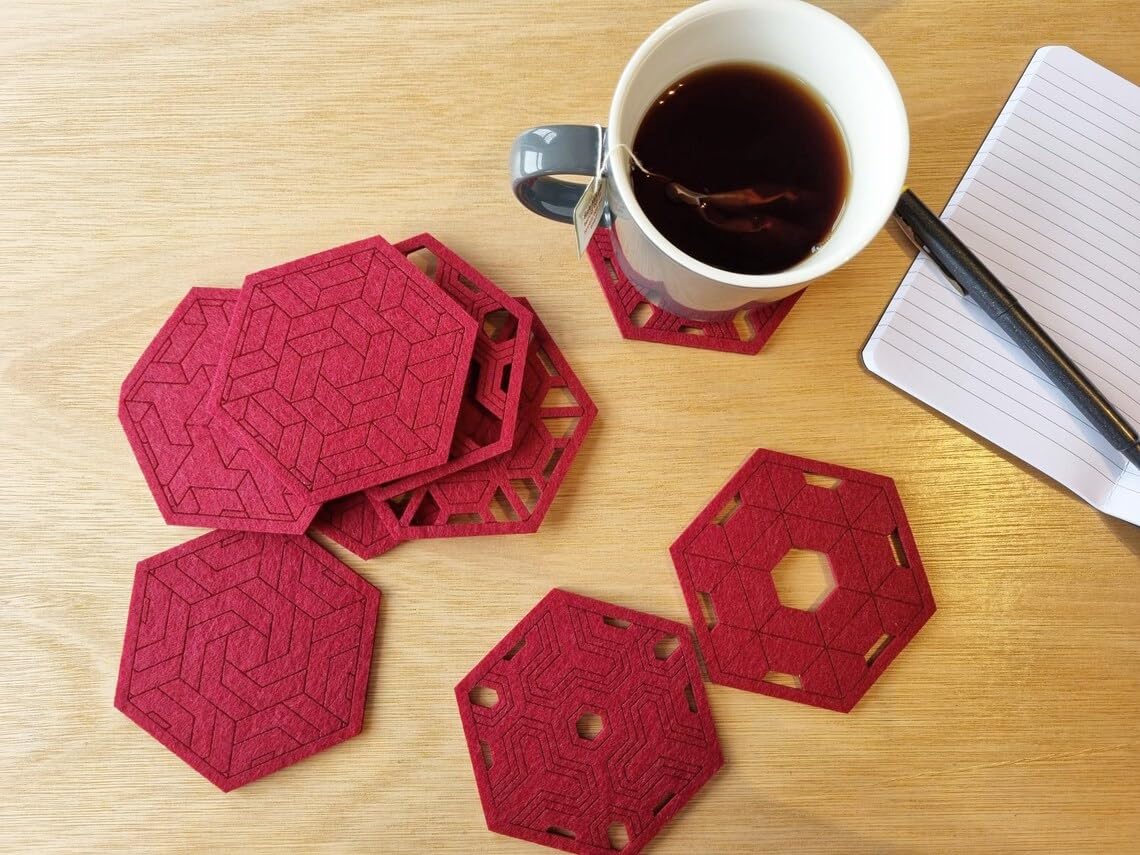 Geometric Felt Coasters – Set of 9 Red Hexagonal Felt Coasters | 4 Inch, Modern Drink Coasters for Table Decor & Furniture Surface Protectio