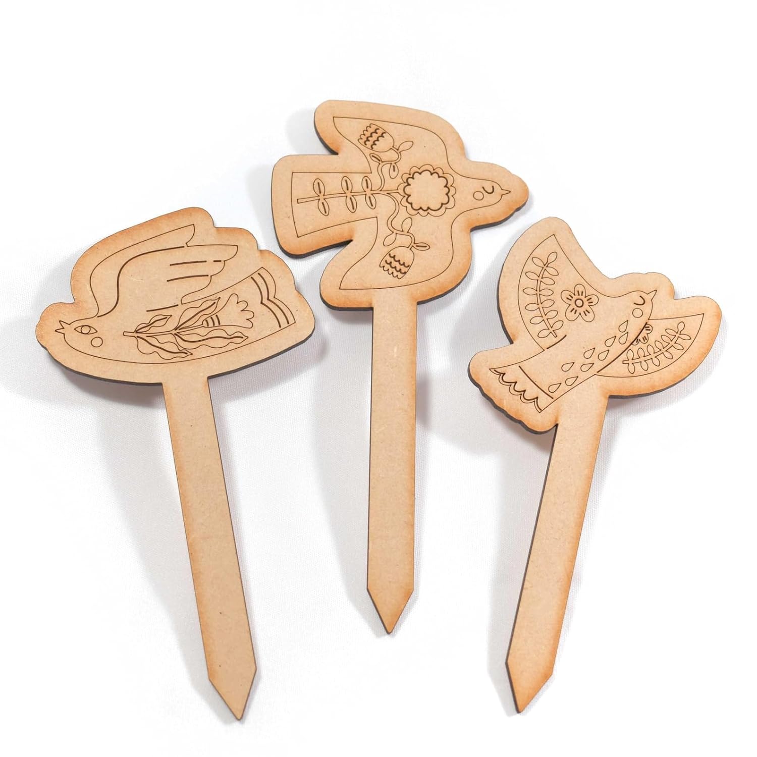 Set of 3 Bird Design MDF Wooden Plant Stake DIY Painting Kit
