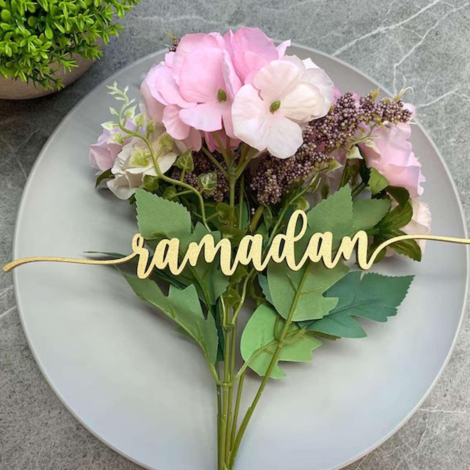 Haoser Wood Cutout Table Place Card Eid Mubarak Gather Wood Word Table Decorations, Eid Mubarak Blessings Place Cards Elegant Islamic Event Decor for Weddings, Parties, and Special Occasions - Haoser