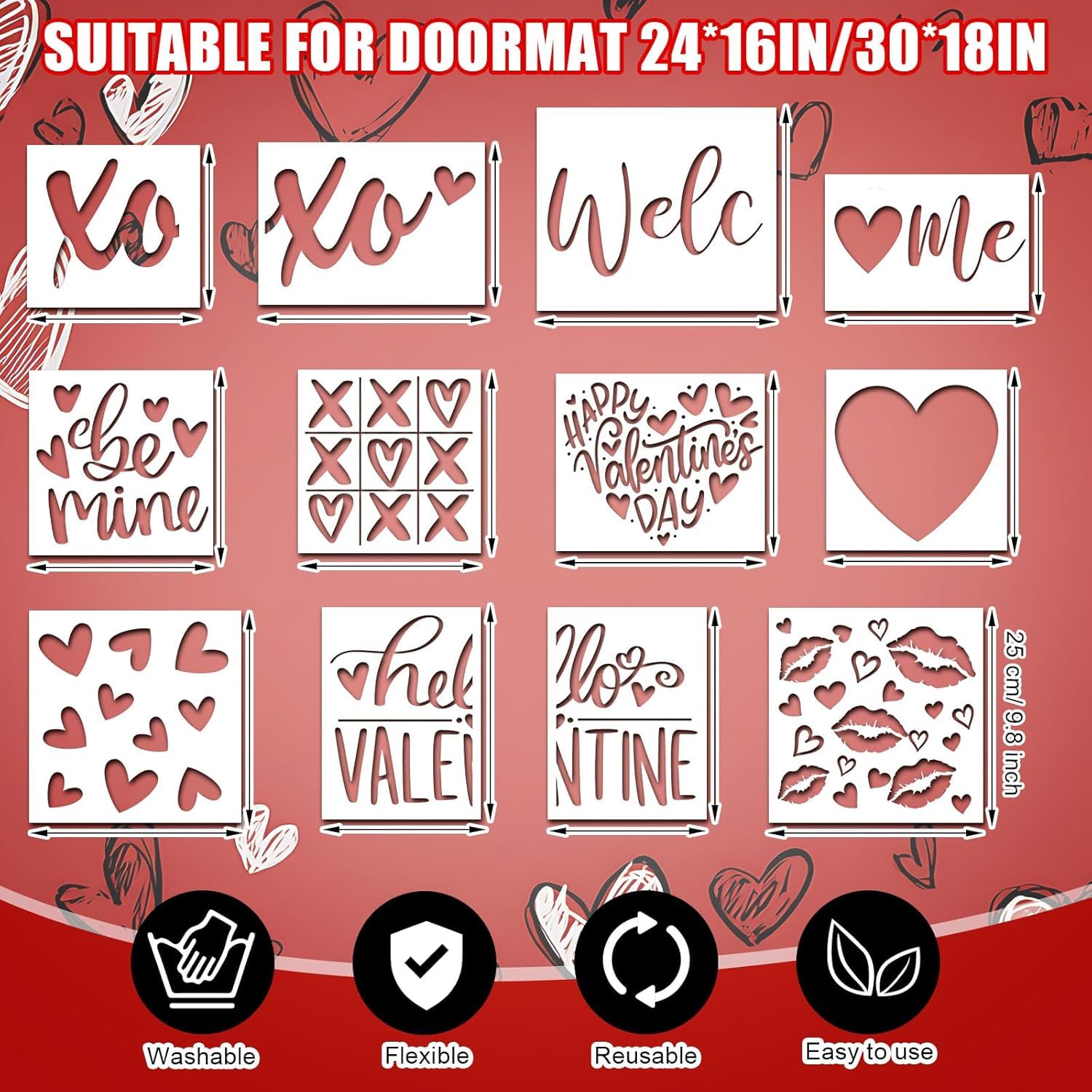 12 Pcs Large Valentine’s Day Stencils for Door Mats – Reusable Welcome Love & Heart Templates