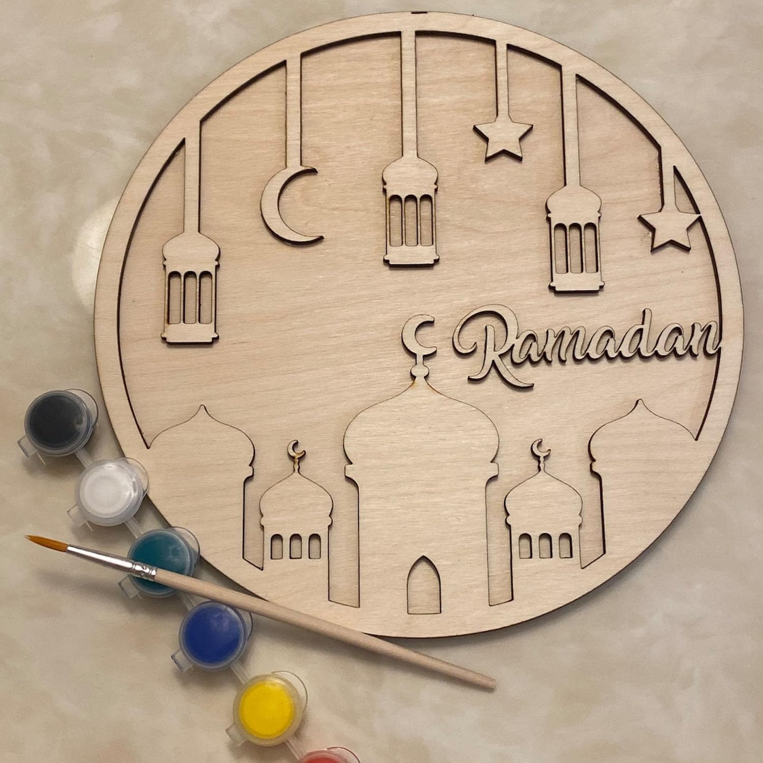 Curious Button DIY Beautiful Unfinished Wooden Ramadan Wall Sign for Home Decor, Ramadan Mubarak Moon Ornament Home Wall Door Decor Eid Mubarak Party Supplies (Set of 2, 8 Inches)