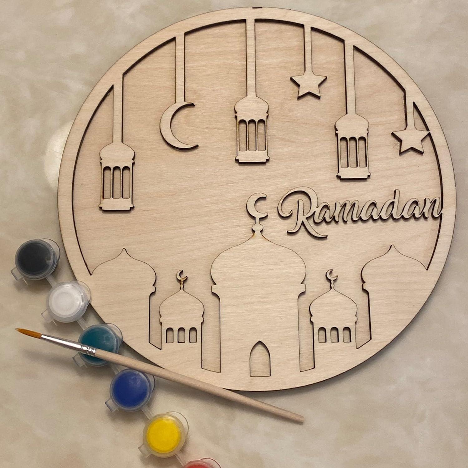 Curious Button DIY Beautiful Unfinished Wooden Ramadan Wall Sign for Home Decor, Ramadan Mubarak Moon Ornament Home Wall Door Decor Eid Mubarak Party Supplies (Set of 2, 8 Inches) - Haoser