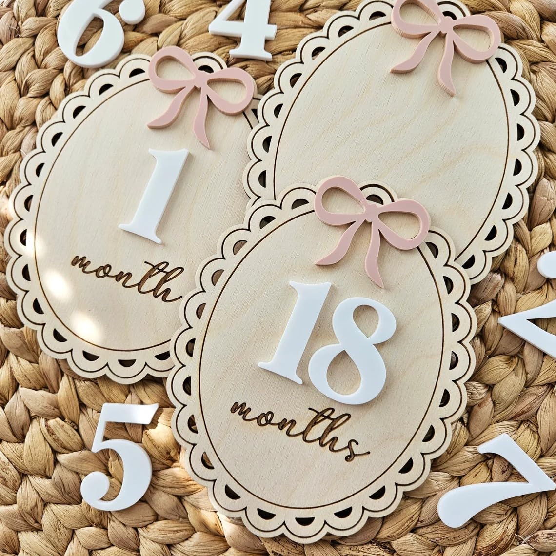 Set of 3 Bow-Themed Monthly Milestone Discs – Wooden Baby Monthly Photo Props