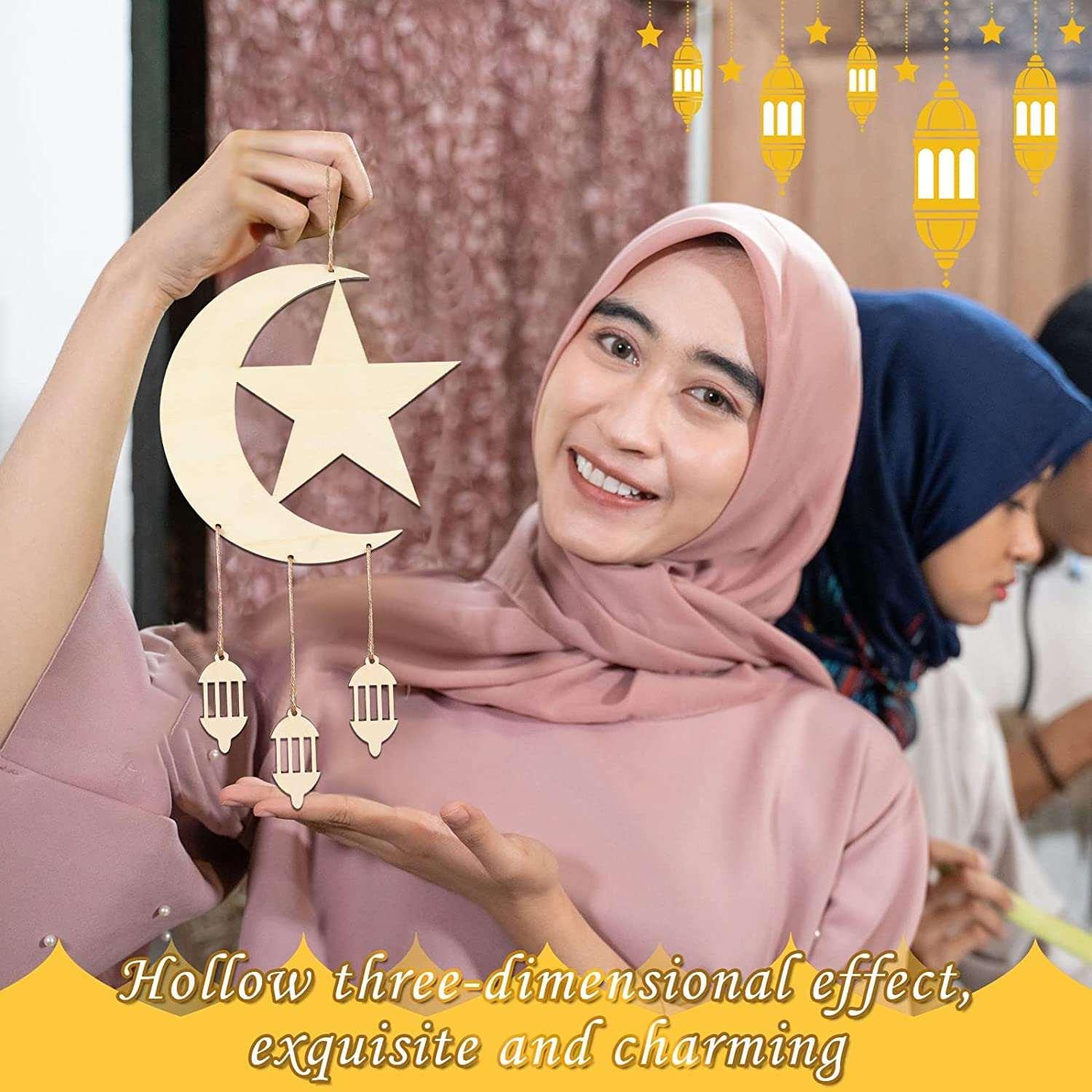 Haoser 2 Pieces Eid Mubarak Wooden Ornaments Moon and Stars Eid Hanging Decoration Islam Ramadan Eid Hanging Decoration for Ramadan Kareem Eid Mubarak Home Decor Party Supplies - Haoser
