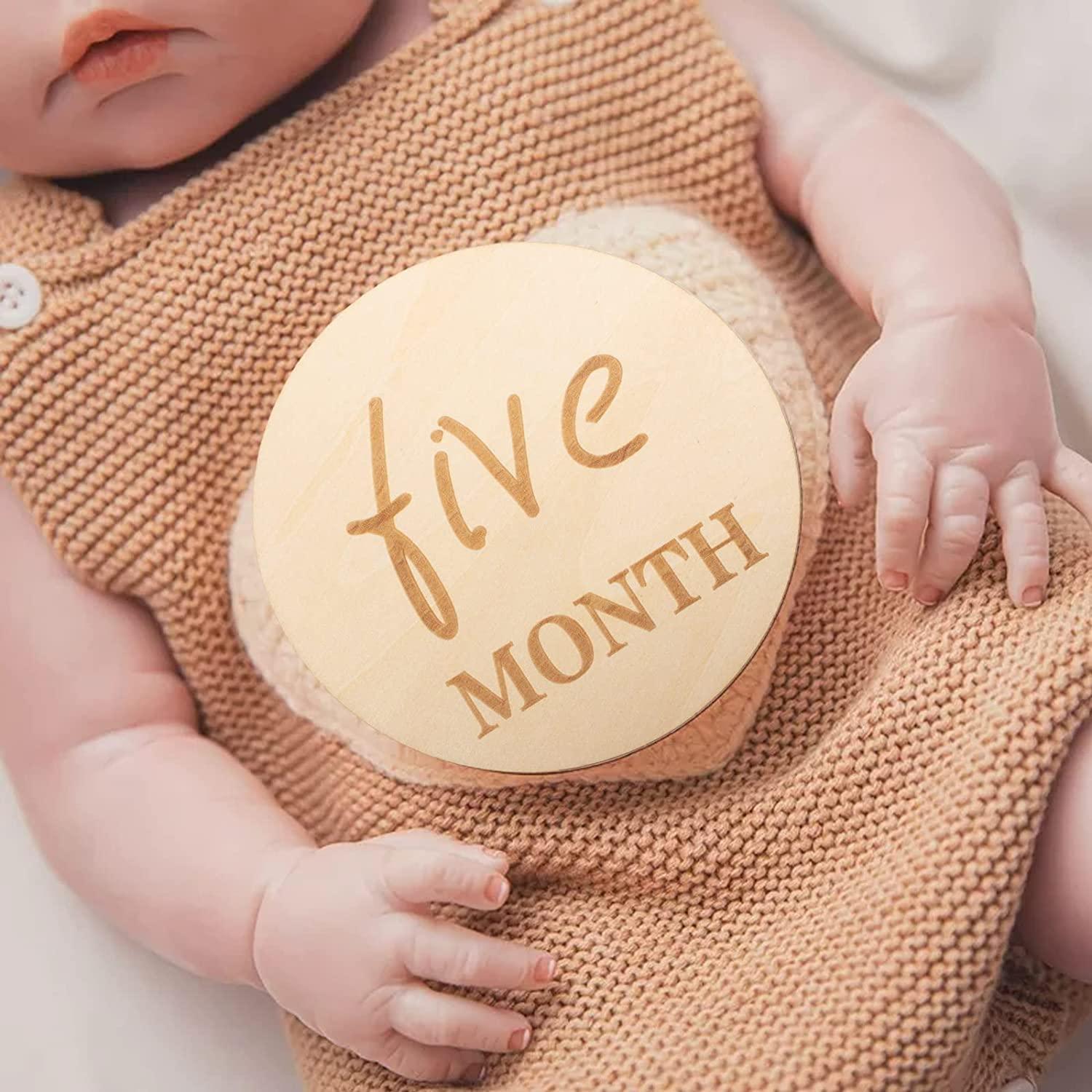 Haoser 12 PCS Wooden Baby Monthly Milestone - Milestone Photo Cards, 1-12 Months Wood Milestone Disc Set, Birth Announcement Sign for First Year Picture Props, 4 inch Diameter - Haoser