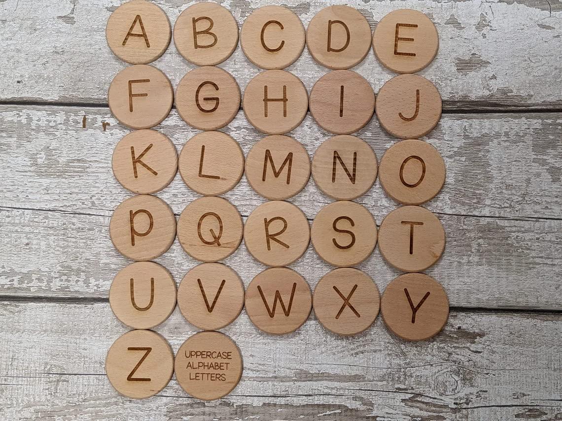 Haoser Alphabet A-Z Uppercase Lowercase Discs and Tokens - Montessori Toys - Flashcards - Wooden Toy - Learning Discs - Story Discs Play - Haoser